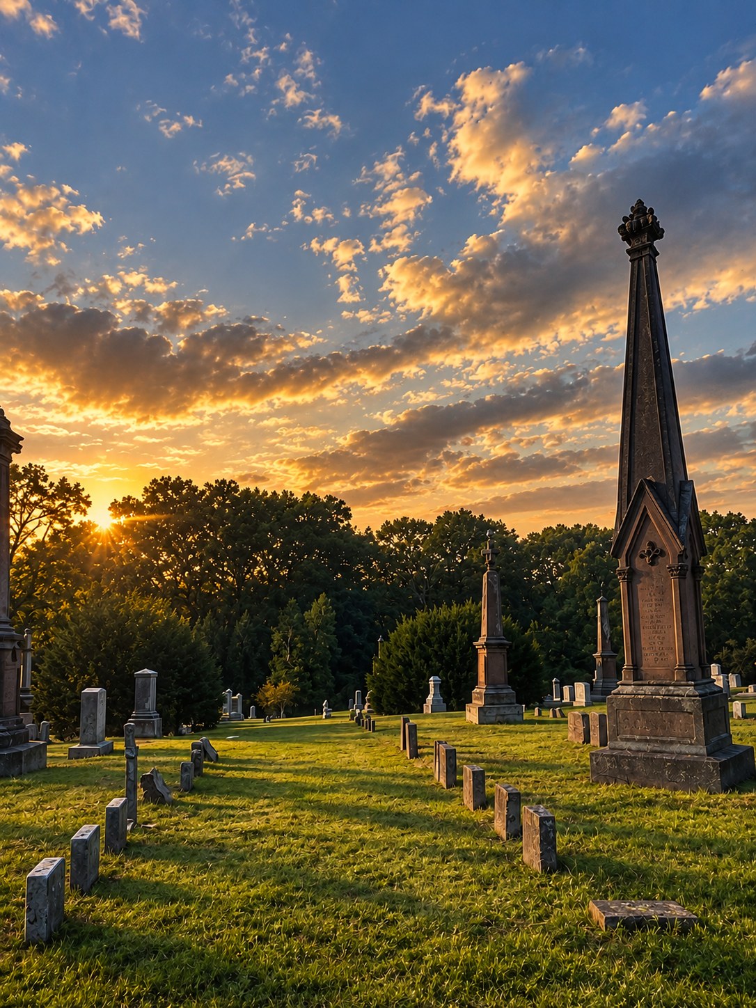 Historic cemetery monuments beneath a golden evening sky